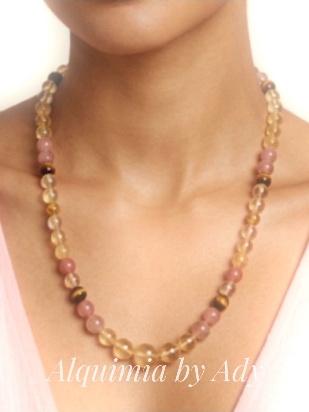 WATERMELON TOURMALINE Pink and Golden Beaded Necklace